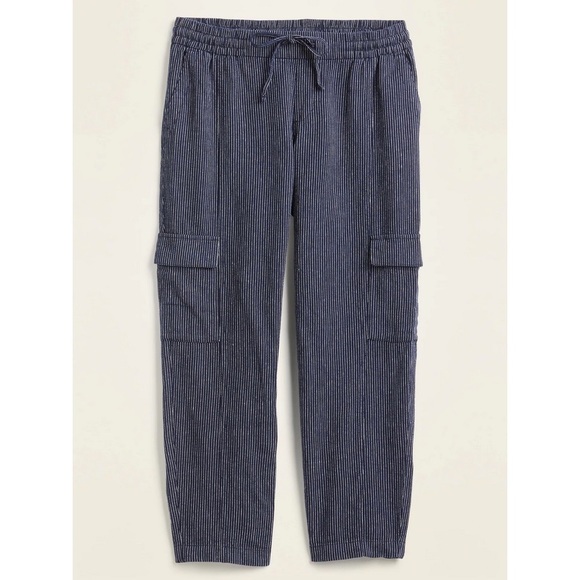 Cropped linen pinstripe elastic waist cargo pants XL - Picture 2 of 6